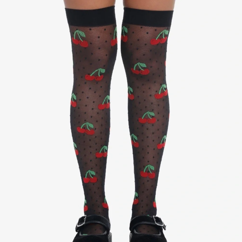 Black Polka Dot Cherry Thigh High Tights Leg Avenue Hot‎ Topic